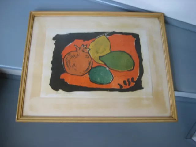 Linolschnitt von Ilse Pässler 1908-1989 . Stilleben , Früchte, in Farbe,38 x 31
