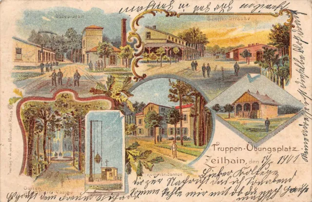 Truppen Übungsplatz mit Offizier Casino Zeithain Sachsen Litho Postkarte AK 1901