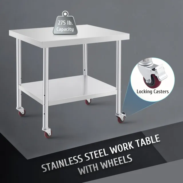 Stainless Steel Bar Table w Wheels Adjustable Shelf 36x30 Prep Table 440 lb Cap