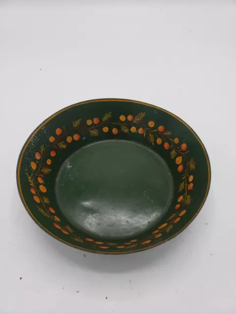 Antique Old Tole Green Painted Metal Bowl Toleware Serving Dish Berries Leaves