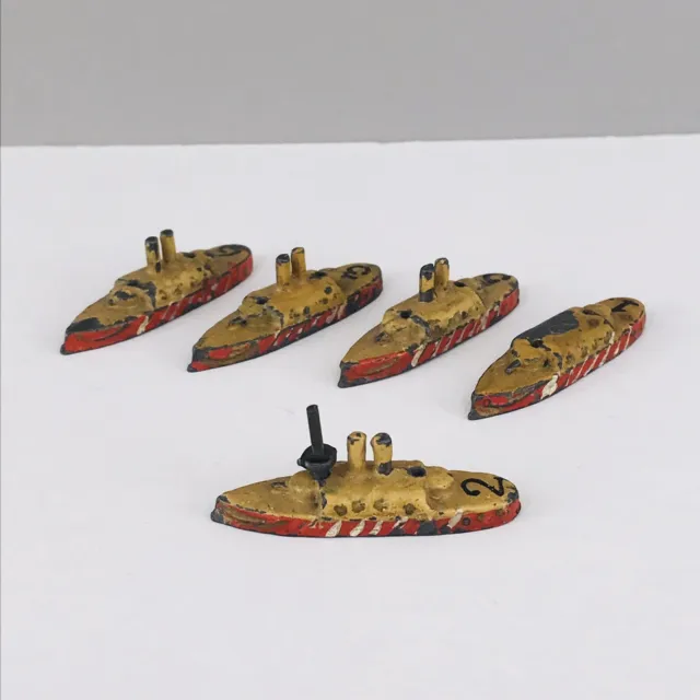 Lead Battleships cold painted yellow/red 5x Play Worn numbered board game pieces