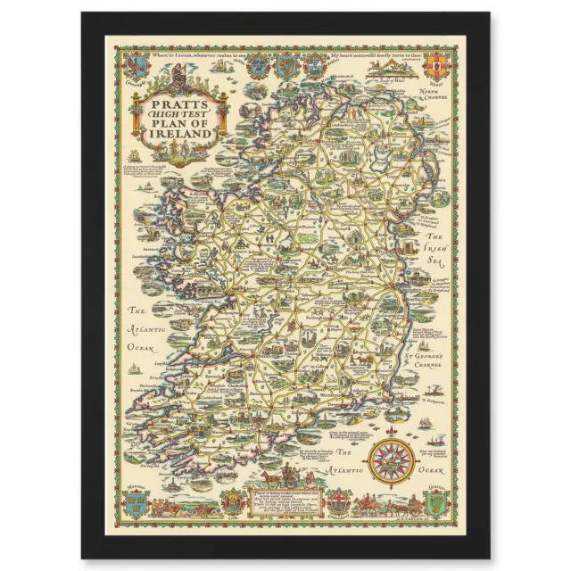 Map Taylor 1933 Pratts High Test Plan Ireland Pictorial Framed A3 Wall Art Print