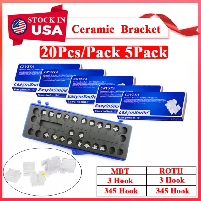5Pack Dental Ortho Ceramic Clear Braces Bracket Mesh Base ROTH/MBT 022 345 Hooks