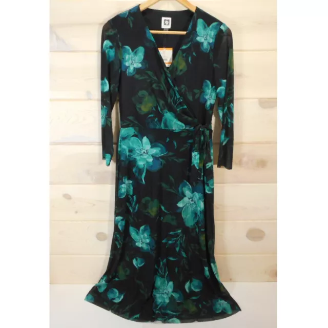 Anne Klein Womens Size S Faux Wrap Dress Black Teal Floral Sheer Sleeves Midi