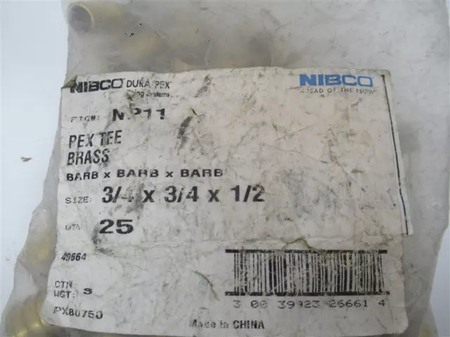Nibco PX80750 , 3/4" x 3/4" x 1/2" Pex Brass Insert Tees (PK 25)
