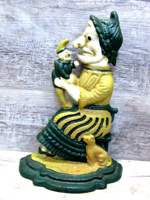 Vtg “Punch & Judy” Yellow & Green Cast Iron Witch Jester Puppet Cat Doorstop 12"