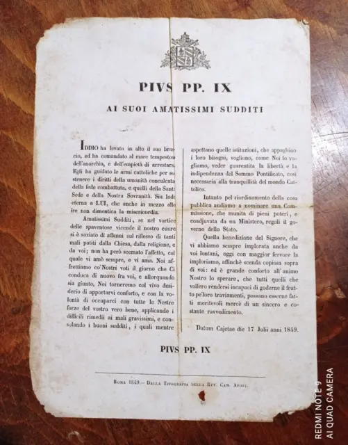Documento Decreto Vaticano Lettera Di Pi Papa Pio Ix Ai Suoi Amatissimi Sudditi
