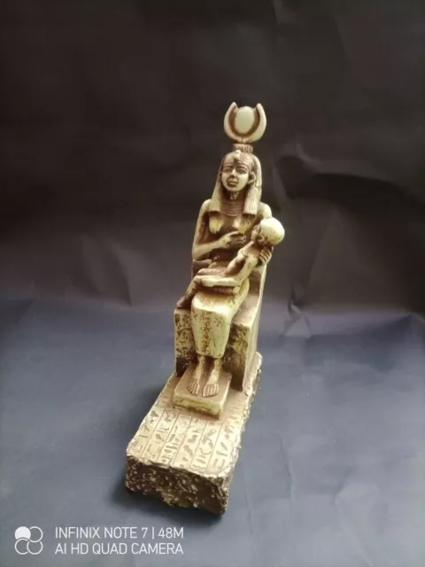 UNIQUE ANCIENT EGYPTIAN STATUE Stone Seated Goddess Isis & Nursing Son Horus