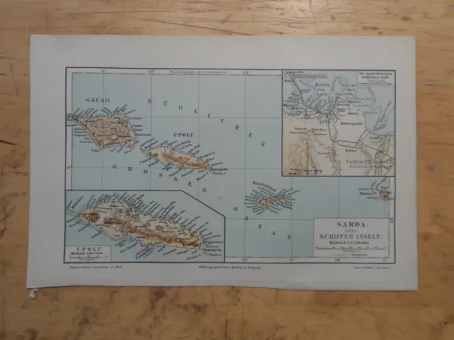 Orig.(1895) Lithographie Landkarte Samoa oder Schiffer-Inseln