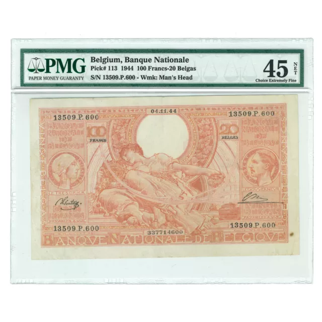 1944 Belgium 20 Belgas Banknote, Pick# 113, PMG Choice XF-45