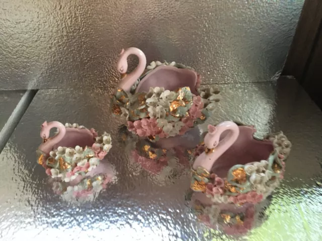 Vintage Lefton Hand Painted Porcelain Swan with Pink & White Flowers Gold Trim