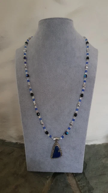 Kette facettierte Steine Perlen Anhänger Lapislazuli 925 Sterling Silber