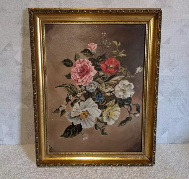 Vintage 60s Oil Painting on Canvas Board Gold Ornate Frame Size 15 x 18 in