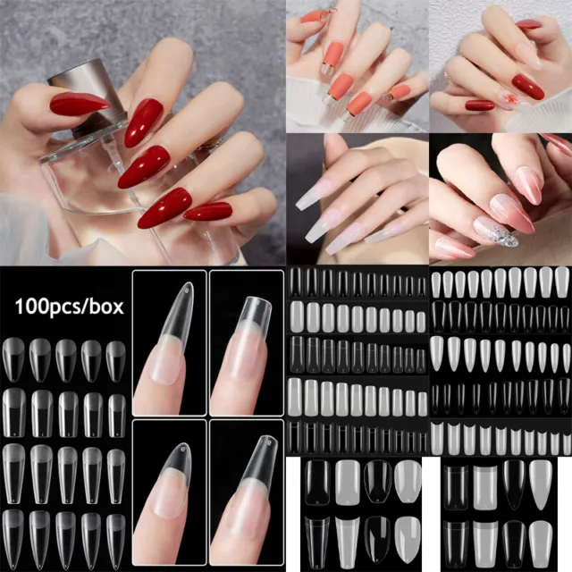 100X French Acrylic False Nail Tips Stiletto Almond Coffin Natural Clear UV Gel.