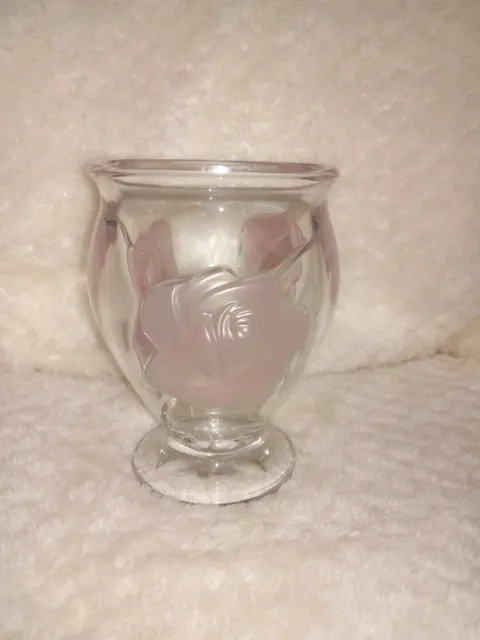Teleflora Crystal Raised Pink Rose Frosted Heavy Vase Made In France 6"