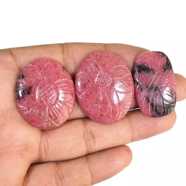 3 Pcs Natural Carved Rhodonite 34mm-37.5mm Loose Untreated Magnficent Gemstones