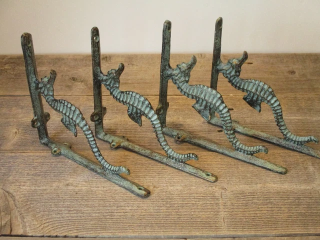 4 Cast Iron NAUTICAL SEAHORSE Brackets Garden Braces Shelf Bracket Book Beach