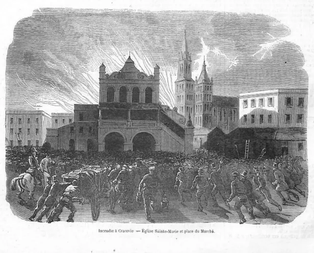Cracovie Krakow (Pl) Incendie Eglise Sainte-Marie / Gravure Engraving 1850