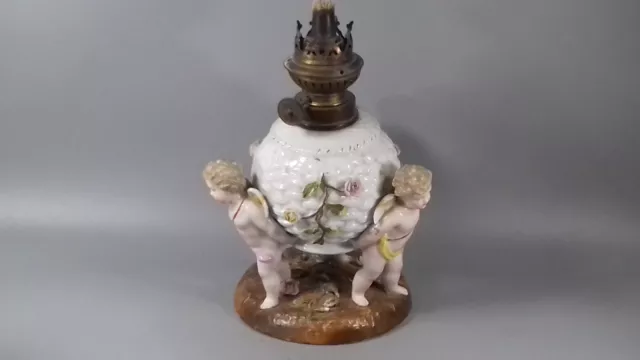 Antique Sitzendorf Porcelain Cherub Oil Lamp Dresden
