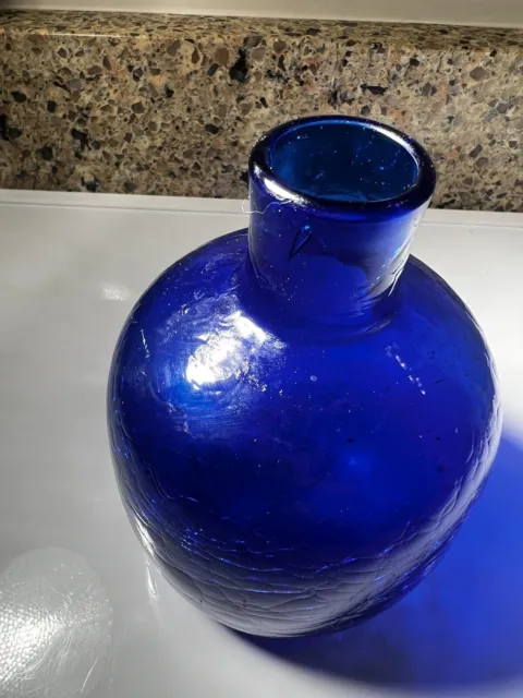 Blenko Hand Blown Cobalt Blue Crackle Glass Bottle Vase 5.5 Inches Tall