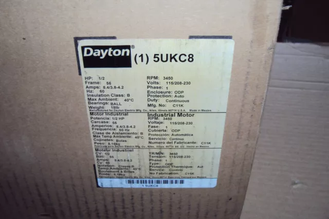 Dayton 5Ukc8 Motor 1/2 Hp , 3450 Rpm , 115/208-230Vac ,56 Fr ,1 Ph,G Application