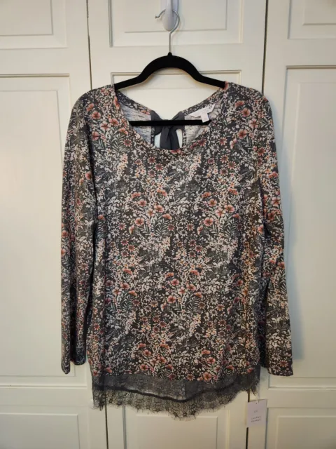 NWT LC Lauren Conrad Women's Gray Floral Print Longsleeved Lace Trim Top, sz L