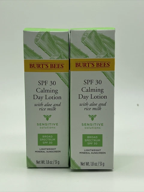 (2) Loción calmante de día Burt's Bees FPS 30 leche de arroz aloe sensible 1,8 oz 2/24+