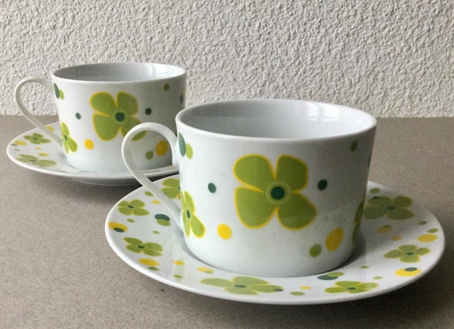 2 grandes TASSES et 2 SOUCOUPES en PORCELAINE vintage FLEURS an60/70.VERT,BLANC