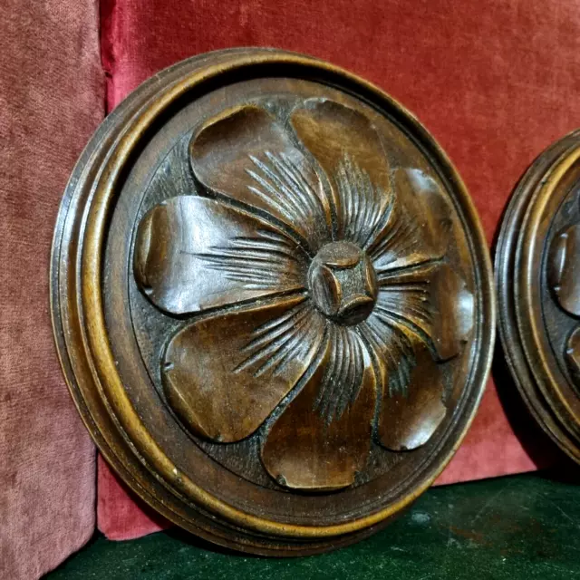 2 Rosette wood carving round panel 8 in - Antique French architectural salvage
