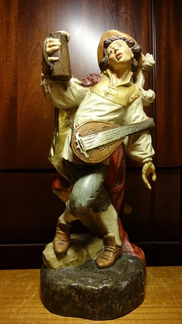 Vtg 11" Wood Hand Carved Drinking Renaissance Musician Minnesinger Statue Figure
