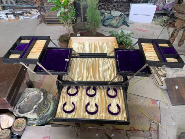 Antique Wooden Foldable Vanity Case Box Earrings Bangles Necklace Jewelery Box