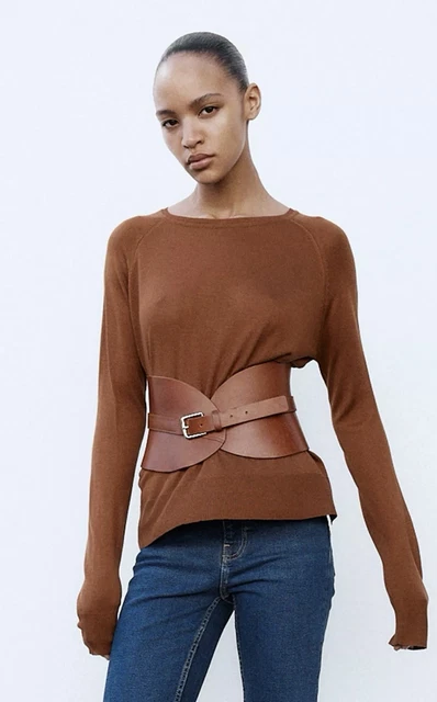 ZARA DARK TAN Brown Leather Sash Belt Size 32 Wide Waist  display picture 3