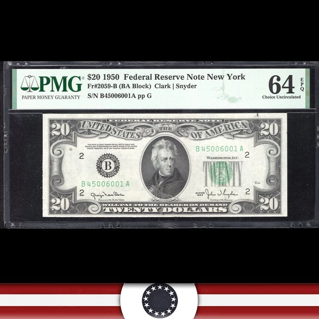 1950 $20 NEW YORK FRN Federal Reserve Note PMG 64 EPQ Fr 2059-B 06001