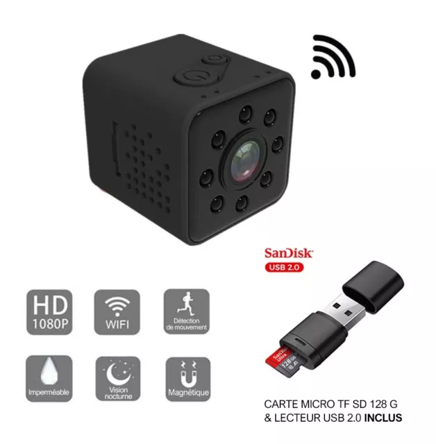 Mini caméra HD WiFi Petite Grand Angle 1080P Etanche Caméscope + Carte SD 128Go