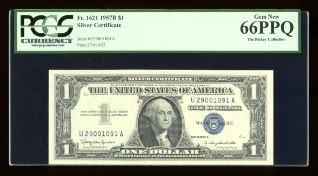 DBR $1 1957-B Silver Gem Fr. 1621 UA Block PCGS 66 PPQ Serial U29001091A