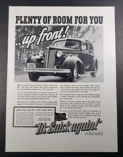1937 General Motors Buick Automobile Car Plenty Of Room Up Front Print Ad