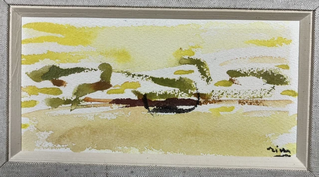 Tableau Huile Sur Carton - Paysage Abstrait Surréaliste Avec Croix, 51x32.5 Cm