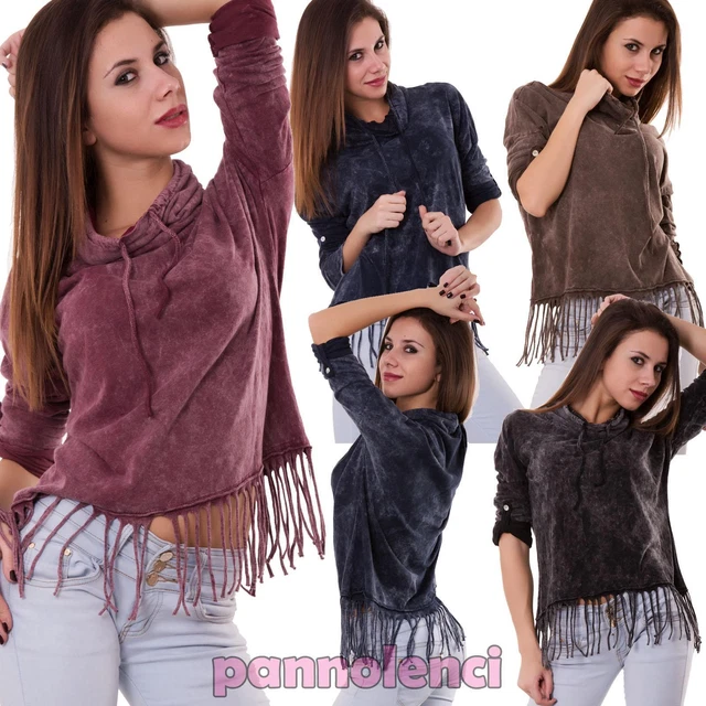 Maglia donna top corto frange maniche tre quarti collo alto nuova AS-6439
