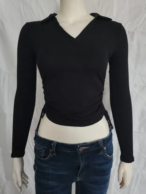 Juniors No Boundaries Black Long Sleeve Ruched Tie Waist Crop Top Xs Extra Small