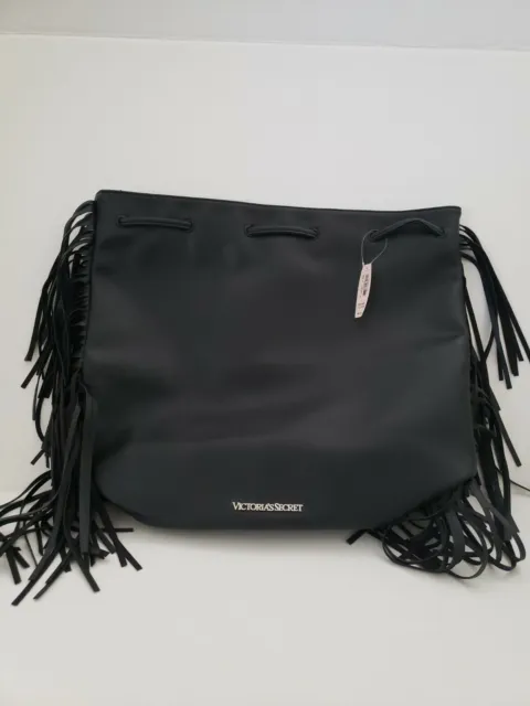 Victorias Secret Faux Leather Black Fringe Backpack Bag NWT