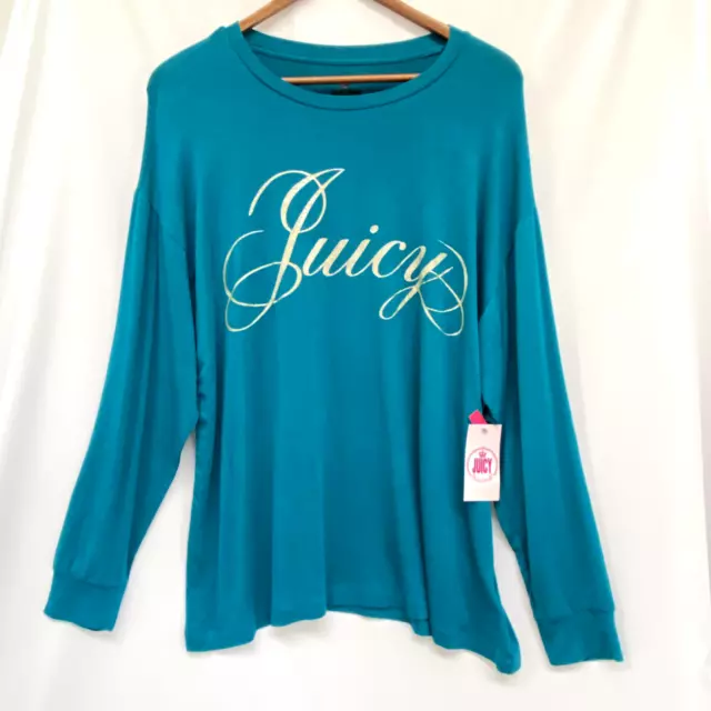 NWT Juicy Couture Juicy Tee Sz L Turquoise Blue Long Sleeve Pullover Large