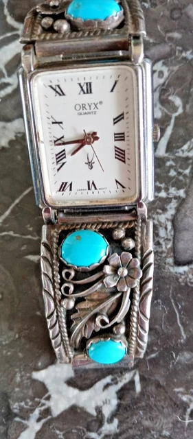 Vintage ORYX Sterling Silver & Turquoise Watch | Southwestern Floral Band Fannie Platero Navajo & Oryx Co. Old Pawn Sterling Silver  main image 4