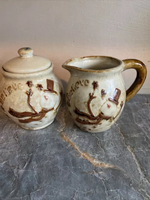 Creamer and Sugar Bowl Lid Art Pottery Rustic Brown snowman Believe