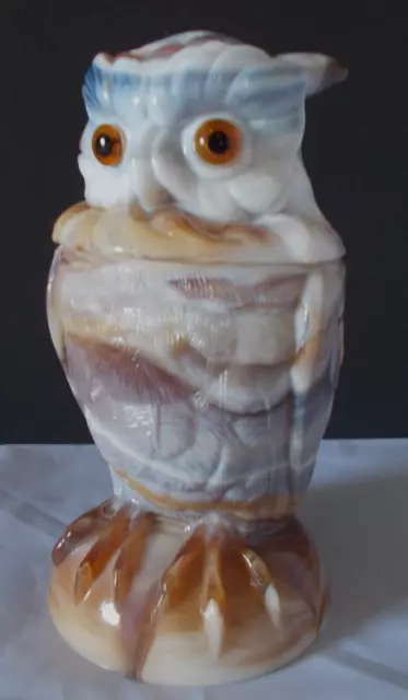 Vintage Imperial (IG) Glass ~ Caramel Slag End of Day Glass Owl Covered Jar Dish