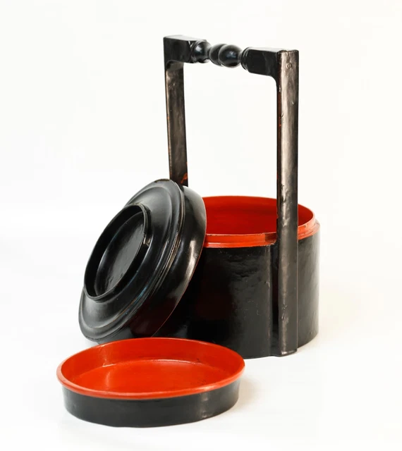 Rare Antique Burmese lacquer lunch box storage. Black and red. 19th century. 3