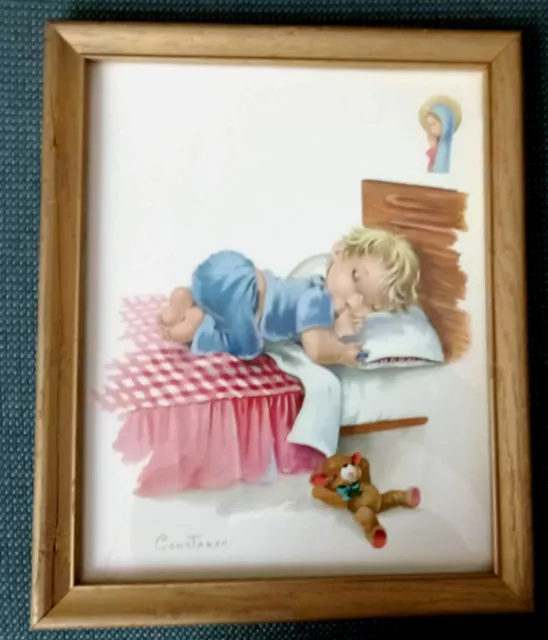 Vintage Constanza Baby Sleeping Teddy Bear Framed Lithograph Print Cute 11x9