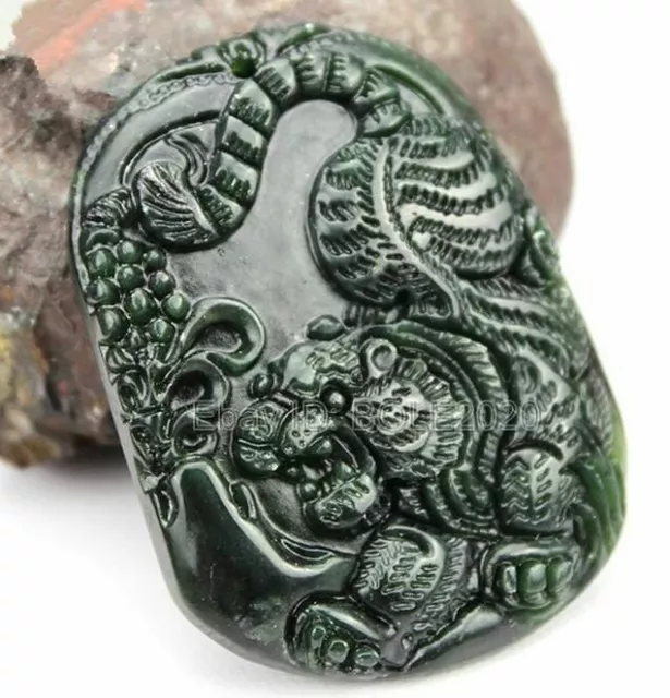 Natural Black Green Jade Carved Chinese Tiger Lucky Pendant Necklace Jewelry 2