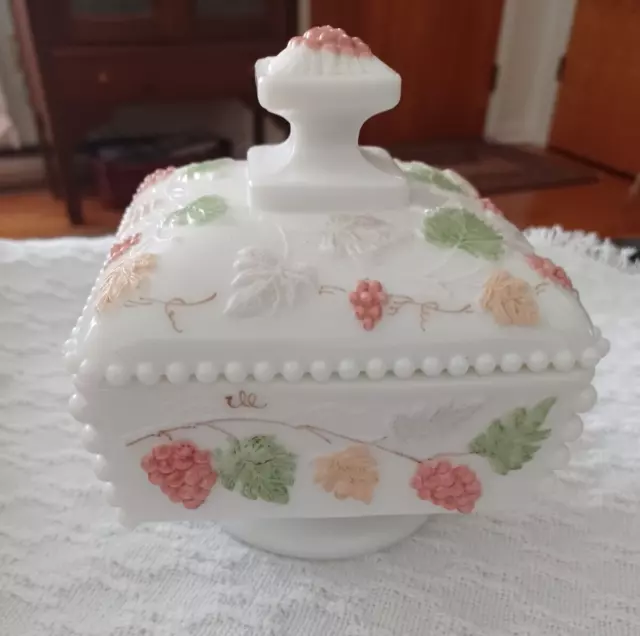 Westmoreland Milk Glass Square Lidded Dish - Hand Painted Grape Leaves Pattern