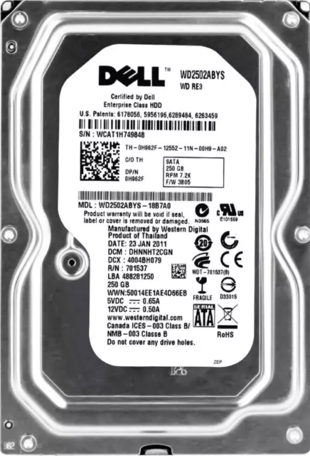 Disque Dur Dell 0H962F WD250ABYS 250GB 7200U/Min 16MB SATA II 3.5 "