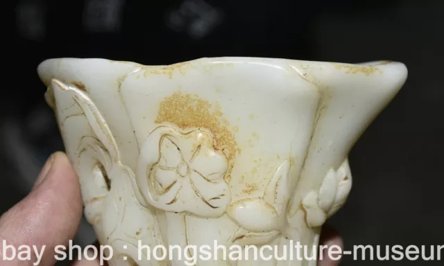 4.4" Rare Old Chinese White Jade Carving Palace Lotus Flower Fish Cann Goblet 3